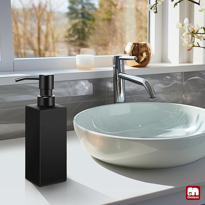 GMISUN Black Soap Dispenser Bathroom, Glass Hand Soap Dispenser with Stainless Steel Pump, 12 fl oz/350ml Refillable Dish Dispensers for Kitchen, Modern Liquid Lotion Bottles for Bathroom Countertop