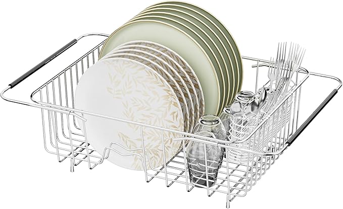 JAQ Dish Drying Rack in-Sink, 304 Stainless Steel Dish Drainer with Stainless Steel Silverware Holder Over Inside Sink-Adjustable 15.08" to 22.4" Maximium 13 Upright Dishes