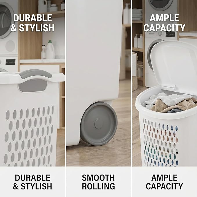 White Wheeled Plastic Laundry Hamper – Adult-Sized Rolling Basket With Handles For Home & Dorms