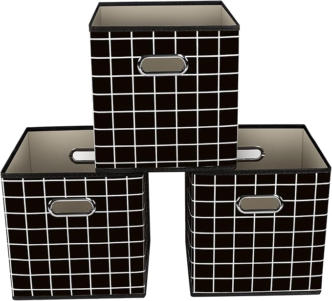 Yunkeeeper storage bins Cubes, Fabric Cube Organizer with Handle, Foldable Cube Bins for Cloth or Accessary Storage, 11x11x11, Set of 3,(Black grid)