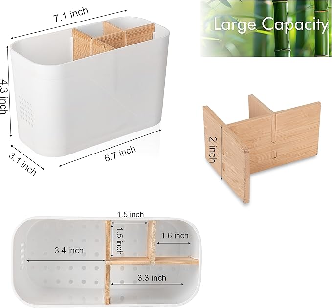 Toothbrush Holders for Bathrooms, Electric Tooth Brush Holder with Bamboo Dividers Kids Toothbrush and Toothpaste Organizer for Bathroom Countertop Accessories Storage, 4 Slots, White