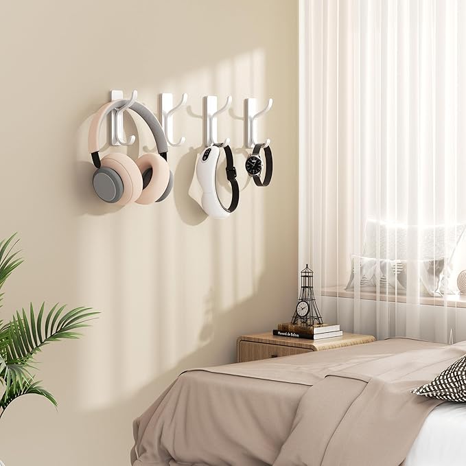 niffgaff Wall Hooks for Coat and Towel: 13lb Adhesive Door Hanger Stick On, Sticky Hook for Wall, Closet, Bathroom - White, 4 Pack