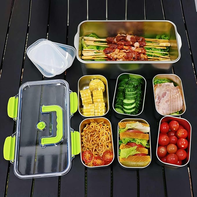 YINGRACE 7-Piece 304 Stainless Steel Food Storage Containers Set with Clear Lids, Meal Prep Deli Meat Container Fridge Organizers, Bacon Cheese Container, Dishwasher Safe, Two Sizes, 169oz and 20oz