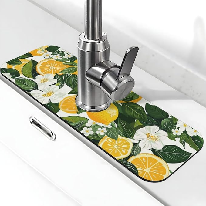 Faucet Draining Mat For Kitchen Sink, Yellow Lemons Green Leaves Diatom Mud Absorbent Drain Pad For Bathroom Kitchen Sink Splash Guard Drying Mat
