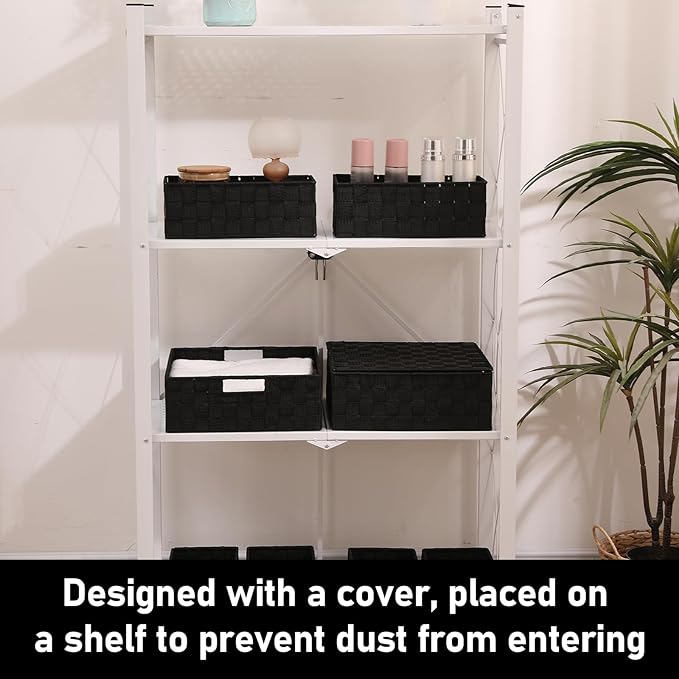 Woven Storage Bins with Lids, Set of 8, Polypropylene Storage Baskets with Metal Frame, Stackable Fabric Boxes for Drawers, Closet, Shelf, Nursery and Office, Black