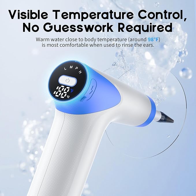 Ear Wax Removal - Ear Cleaner with 4 Pressure Modes, Ear Cleaning Kit with Digital Temperature Display, Safe & Effective Ear Irrigation Flushing System (White)