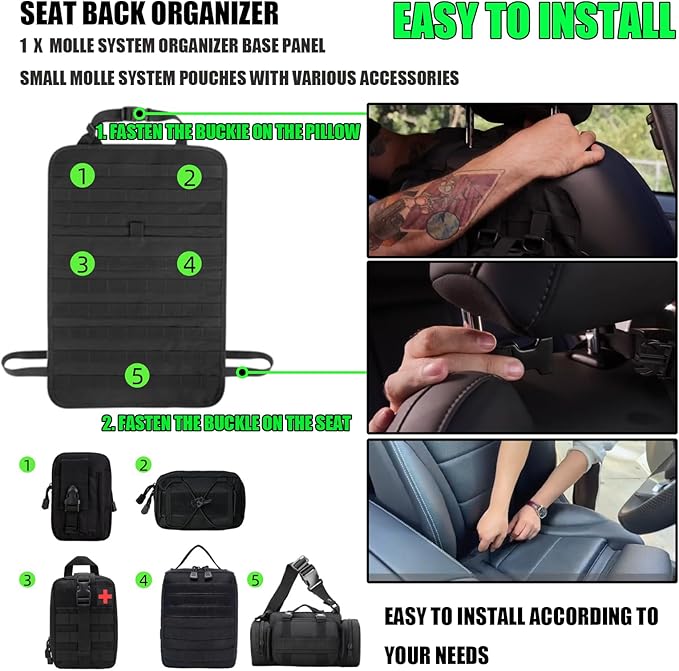 7 PACK Tactical Seat back organizer Truck organizer With 6 Detachable Pouches Universal For Car Truck Ford Jeep Military-Grade Heavier Panels With Multi-functional Packs (Premium black)
