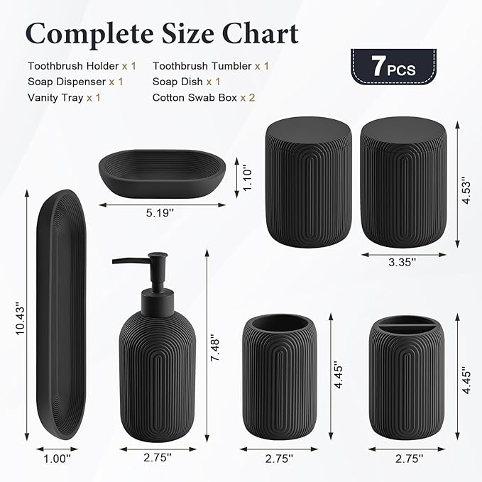 Bathroom Accessories Set - 7-Piece Resin Bathroom Set, Toothbrush Holders Set, Soap Dispenser, Qtip Holder Dispenser, Tumbler, Soap Dish & Tray, Modern Bath Decor for Home Dorm Hotel (Black)
