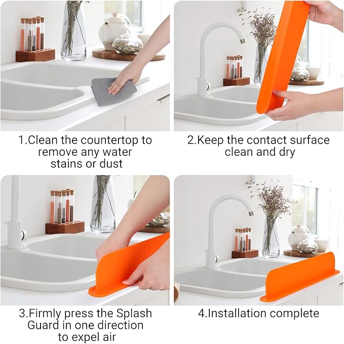 19.29 inch Sink Water Splash Guard, Silicone Sink Splash Guard, Backsplash Protector for Kitchen Countertop & Bathroom Bathtub with Non-Slip Strong Suction, Orange