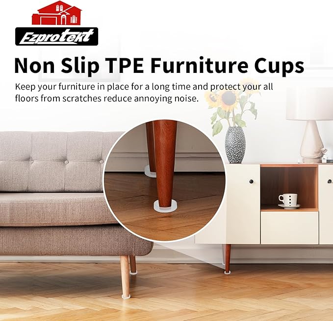 Ezprotekt Non Slip Furniture Pads, 4 Pcs 2" Anti Skid Rubber Caster Cups, Anti-Slip Round Furniture Coasters for Hardwood Floors, Anti Slide Floor Protectors for Bed Couch Stoppers (Clear)