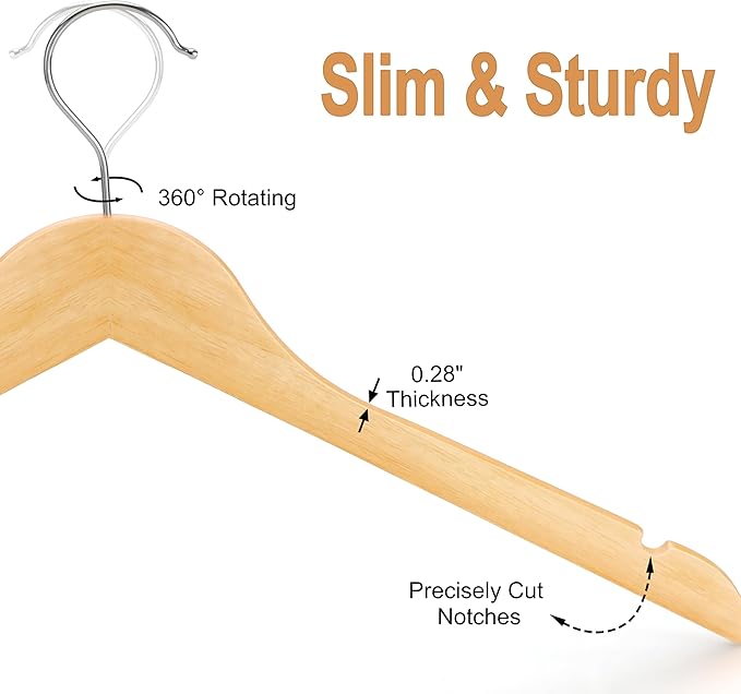 TOPIA HANGER Wooden Hangers 30 Pack, 0.28-inch Slim & Durable Clothes Hangers Space Saving, Natural Wood Hanger with 360°Swivel Hook and Non-Slip Shoulder Notches for Coat,Shirt, Camisole, Dress-CT51N