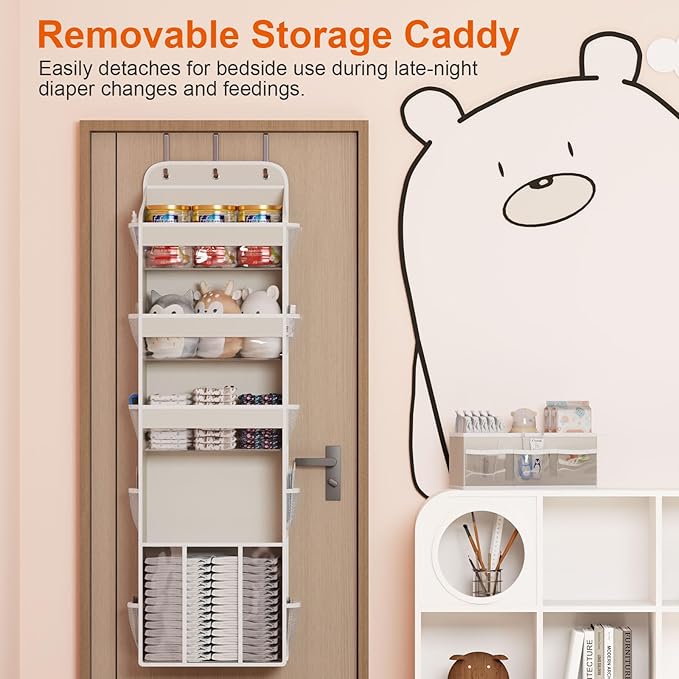 OneDream 5-Tier Over the Door Organizer with Removable Storage Caddy, Baby Clothes Organizer for Nursery, Hanging Behind Door Storage with Clear Pockets and Side Mesh Compartments, Beige