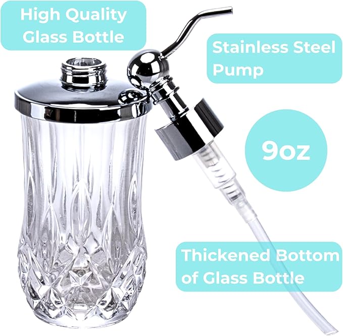 9Oz Clear Glass Soap Dispenser with Zinc Alloy Pump,Lead-Free Thick-Cut Glass,Countertop Soap Dispensers for Bathroom & Kitchen,Round