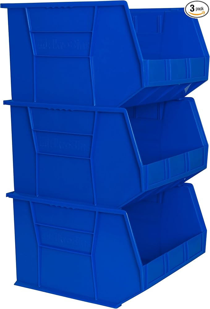 Akro-Mils 30270 AkroBins Plastic Storage Bins, Space-Saving Stackable Bins for Garage, Pantry, Craft Organization, 18" x 16" x 11", Blue, 3-Pack