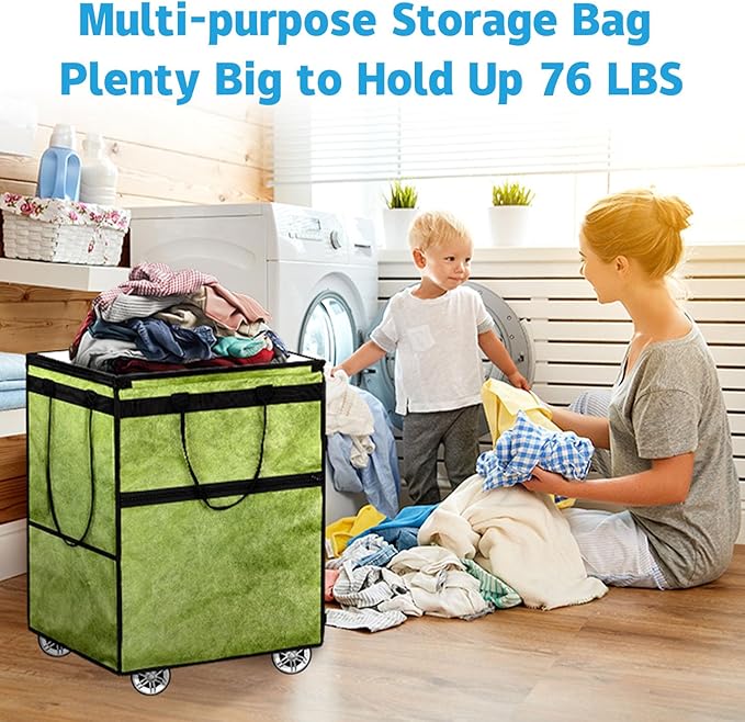 Boczif Large Laundry Basket Hamper Bag, Reusable Grocery Bag Collapsible Cart with Wheels and Handle, Rolling Tote Shopping Bags Storage Organizer for Clothes & Groceries, Trip, Sports, Picnic (Green)