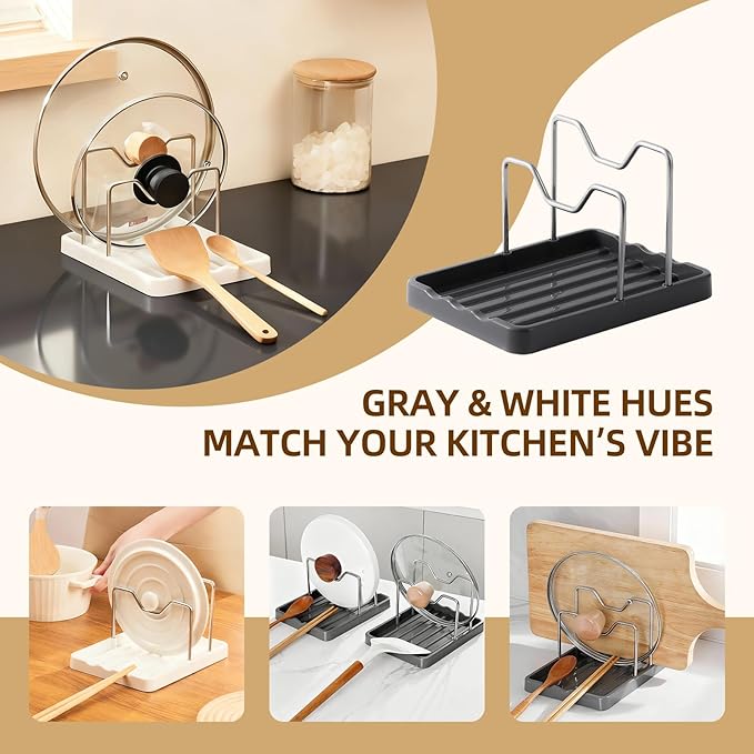 2 in 1 Pot Lid Holder & Spoon Rest for Kitchen Counter, Plastic Utensil Rest with Stainless Steel Pan Lid Holder Organizer While Cooking, Countertop Space Saving Pot Cover Rack | Easy to Clean