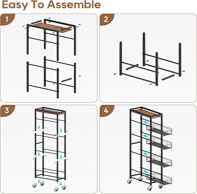 Slim Rolling Cart Kitchen Utility Cart, Narrow Kitchen Cabinet with 4 Pull-Out Baskets - Versatile Rolling Storage Cart for Spices, Pantry & Bathroom Organization (Dark Black)