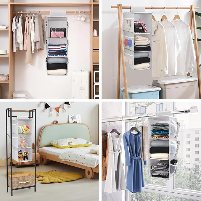 PetsHome 3-Shelf Hanging Closet Organizer, Space Saver, Closet Hanging Storage Shelves with Mesh Pockets & Magic Tap for Storage, Foldable-Grey
