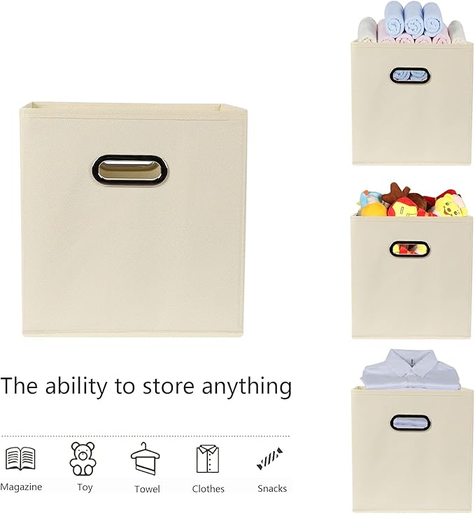 Fabric storage bins Cubes, Fabric Cube Organizer with Handle, Foldable Cube Bins for Cloth or Accessary Storage, 11x11x11, Set of 12, (Creamy White)