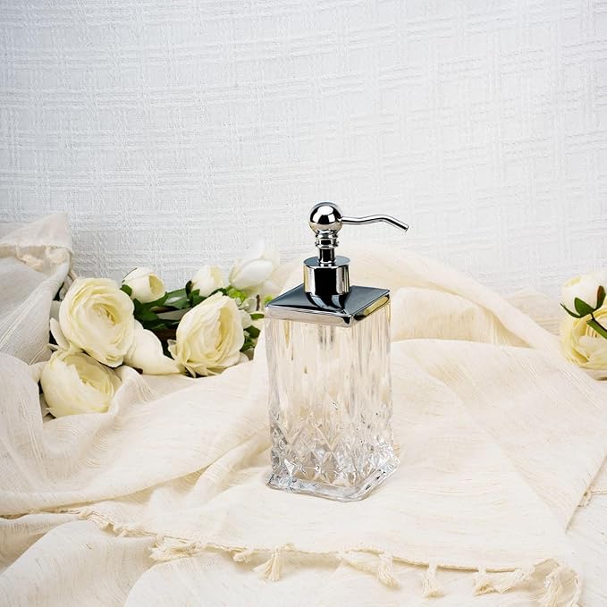 10Oz Clear Glass Soap Dispenser with Silver Pump,Lead-Free Thick-Cut Glass,Countertop Soap Dispensers for Bathroom & Kitchen,Square