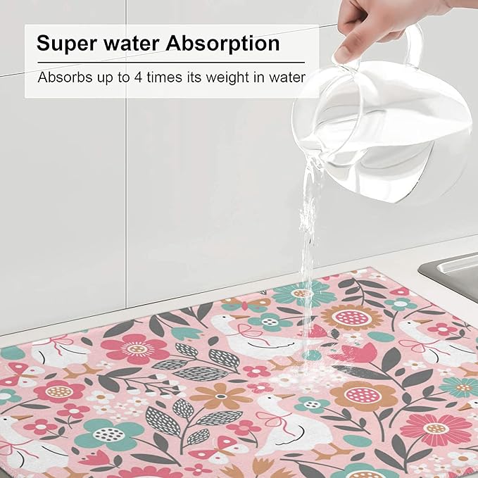 3Pcs Goose and Flower Dish Drying Mat & Kitchen Sink Splash Guard Faucet Mat For Kitchen Counter Absorbent Microfiber Dishes Pad Dish Drainer Rack Mats Fast Dry Kitchen Accessories