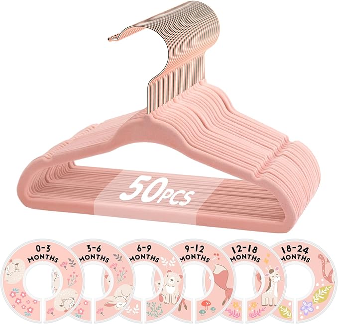 VIS'V Baby Hangers, 11 Inch Velvet Kids Hangers with 6 Pcs Clothes Size Dividers, Infant Toddler Nursery Closet Organization, Non Slip, Pink, 50 Pcs