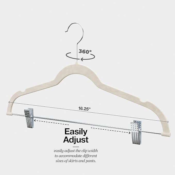 Home-it 10 Pack Velvet Hangers with Clips - Ivory Pants & Skirt Hangers - Ultra Thin No Slip Space-Saving for Pants, Skirts, Coats, Dresses, Tank Tops, Clothes