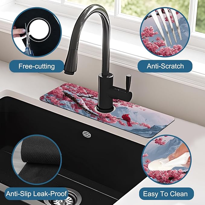 Christmas Welcome Winter Sink Faucet Absorbing Mat Cardinal Bird Super Absorbent Fast Drying Mat Sink Gadgets Behind Faucet Sinkmat for Kitchen Bathroom, 15.5"x5.5"