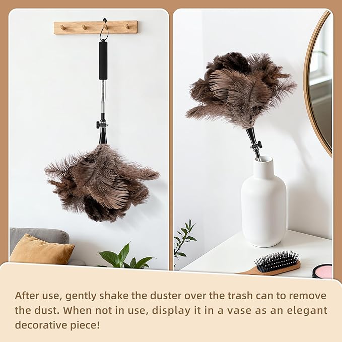 Extendable Ostrich Feather Duster with 19-49 inch Rotatable Stainless Steel Pole, Natural Feather Duster for Ceiling Fan Cobweb Dusting, Reusable Flexible Cleaning Duster(Include 1 Replacement Heads)