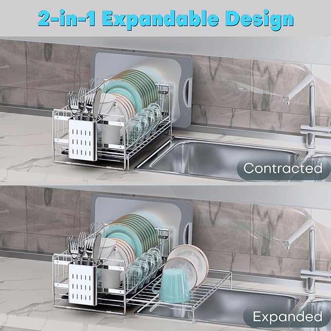 Large Dish Drying Rack, Expandable Dish Rack, 304 Stainless Steel Dish Racks for Kitchen Counter, Multifunctional Dish Drainers with Utensil Holder & Cutting Board Holder