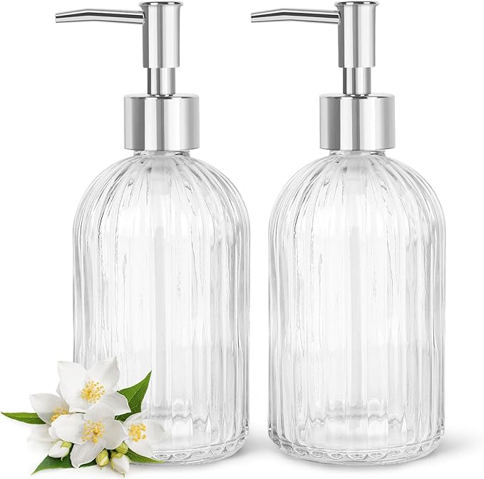 2 Pack Stripe Glass Soap Dispenser with Silver Plastic Pump, 400ml Liquid Hand Soap Dispenser, Rustproof Pump for Kitchen & Bathroom, Great for Lotions, Essential Oil, Liquid Soaps- (Transparent)