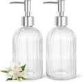 2 Pack Stripe Glass Soap Dispenser with Silver Plastic Pump, 400ml Liquid Hand Soap Dispenser, Rustproof Pump for Kitchen & Bathroom, Great for Lotions, Essential Oil, Liquid Soaps- (Transparent)