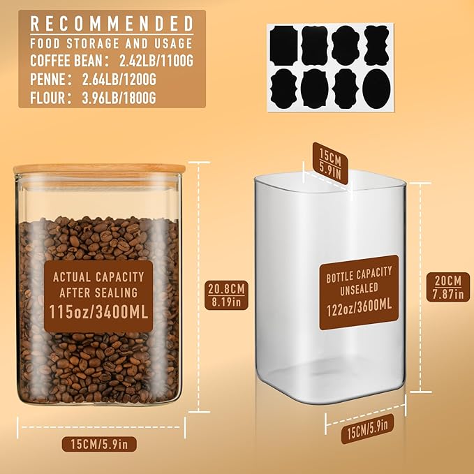 D2scrma 122oz Airtight Glass Square Storage Canister with Bamboo Lid Set of 2(3600ml*2) Large Storage Container Gallon Glass Jars, for Sugar, Flour, and Coffee bean (with Black Lable)