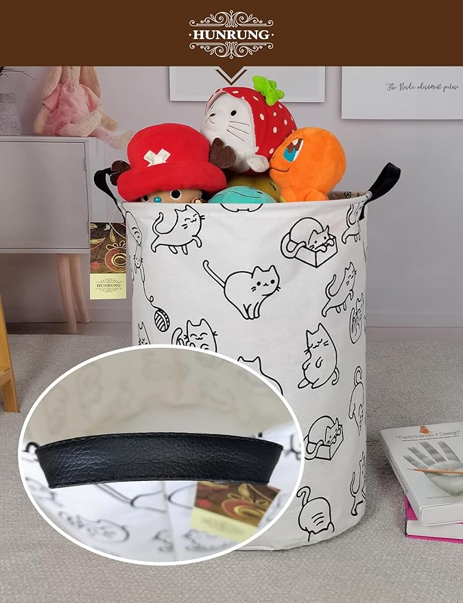HUNRUNG Laundry Hamper,Large Canvas Fabric Lightweight Storage Basket Toy Organizer Dirty Clothes Collapsible Waterproof for College Dorms, Children Bedroom,Bathroom（Round cat）