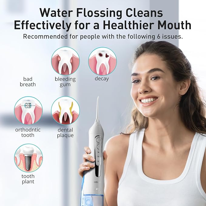 COSLUS Water Dental Flosser Teeth Pick C20(F5020E): Portable Cordless Oral Irrigator 300ML Rechargeable Travel Irrigation Cleaner IPX7 Waterproof Electric Flossing Machine for Teeth Cleaning, White