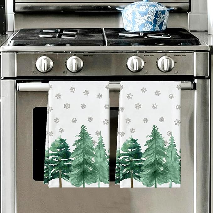 Christmas Kitchen Towels Set of 2 Green Xmas Tree Snowflake Dish Towel Tea Towels for Kitchen 16x28 Inch Absorbent Drying Cloth Cooking Baking Cleaning
