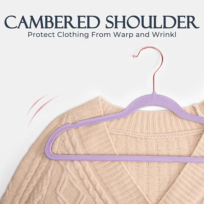 HOUSE DAY Velvet Hangers 30 Pack, Premium Non-Slip Felt Hangers, Sturdy Lt-Purple Clothes Hanger Heavy Duty, Space Saving Durable Suit Coat Hanger, 360° Rotating Rose Gold Hook