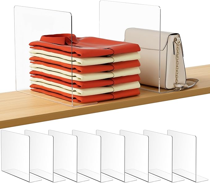 HBlife Acrylic Shelf Dividers for Closet Organization, 8 Pack Clear L-Shaped Closet Dividers for Shelves, Adjustable Purse Organizer for Sweater, Shirts, Handbags in Bedroom, Kitchen and Bookshelf