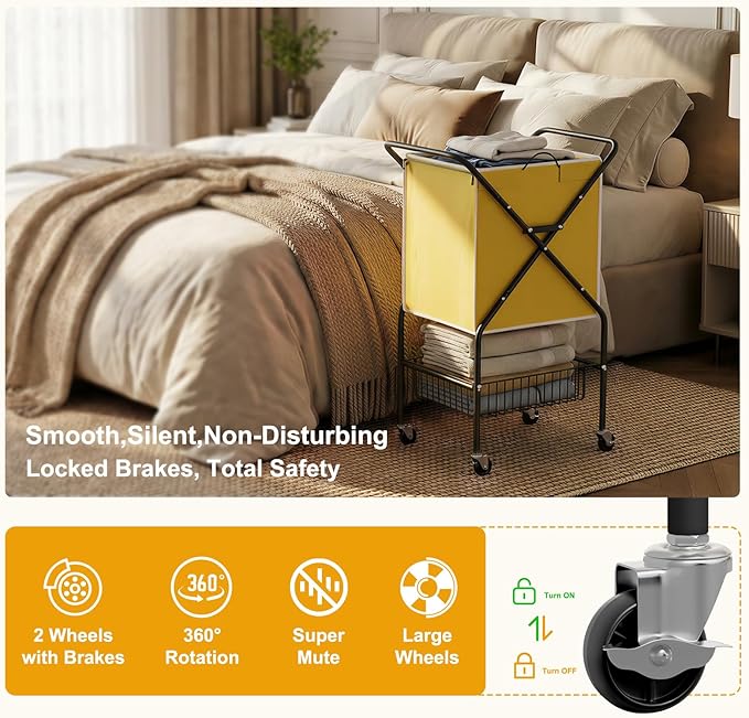 Convenient Laundry Basket with Wheels,36" High Easy Rolling Laundry Cart with Wheels,Heavy Duty Dirty Clothes Laundry Hamper with Handles Removable Bag for Seniors,Folding Metal Frame/Yellow/98L