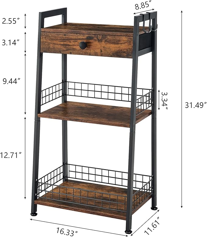 3-Tier Ladder Shelf with Drawer, Bathroom Table Stand for Small Space, Bathroom Standing Shelves with Storage for Living Room Bedroom Kitchen, Organizer Shelf, Rustic Brown