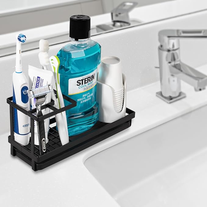 Toothbrush Holders for Bathrooms, Carbon Steel Tooth Brushing Holder Electric Toothbrush and Toothpaste Organizer Bathroom Accessories for Countertop, Shower, Sink - Matte Black