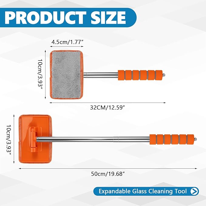 Car Windshield Cleaning Tool, Car Windshield Window Cleaner, Auto Glass Wiper Tool with Extendable Handle & Reusable Microfiber Pad, Universal Vehicle Cleaning Car Accessories (Orange)