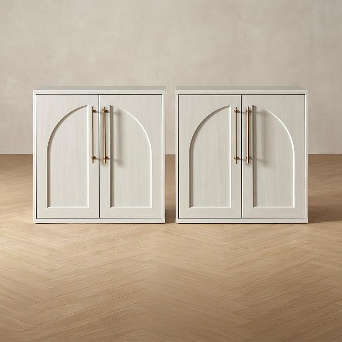 mopio Blake Storage Cabinet, Small Modular Accent Display Sideboard Buffet Cabinet with Storage, Media Console Credenza, for Kitchen, Coffee Bar, Pantry, Living Room (White Oak Arched, Set of 2)