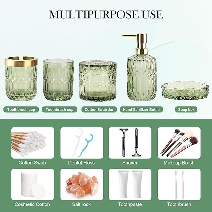 Bathroom Accessory Set 5 Pcs, Glass Bathroom Set Include Soap Dish, Toothbrush Holder, Mousewash Cup, Soap Dispenser, Cotton Swab Jar, Green