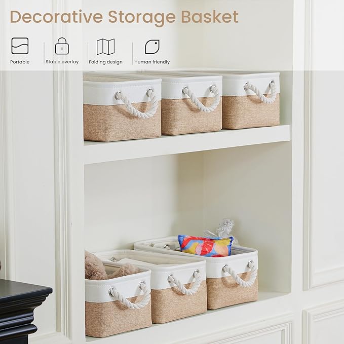 Storage Baskets for Shelves 11.8x7.9x5.2 Inch, Foldable Fabric Storage Bins with Handles, Small Storage Baskets for Organizing Closet, Office, Home Organization (1-Pack, White&Khaki)