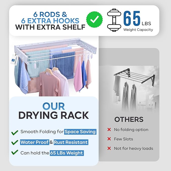 40" Premium Aluminium Foldable Clothes Drying Rack Included Shelf with 6 Rods & 6 Extra Clips - Large Laundry Rack | 65 LBs Capacity Space-Saving Collapsible Design for Indoor Outdoor Use