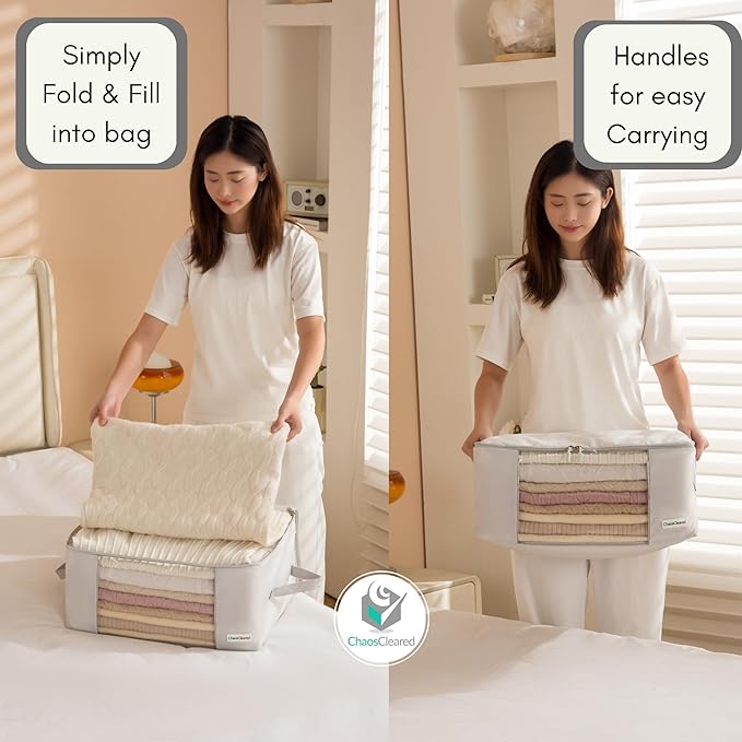 2 Pack Clothing Storage Bags Clothes Organizer folding fabric bags for sweaters, clothing, garment, bedding, quilt, linens, large folding organizers with zip & window, mothproof underbed space savers