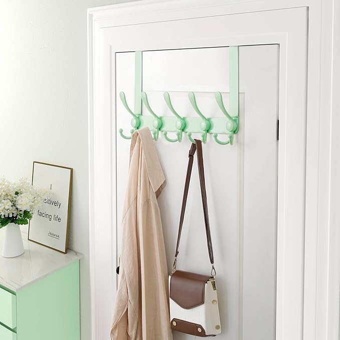 Dseap Over Door Hook 2.0 - Upgraded Version - Simple-Assembly, Strong, Heavy-Duty Stainless Steel 5-Tri-Hook Over The Door Hanger Rack, SimpleStrong Series, Green, Pack of 2