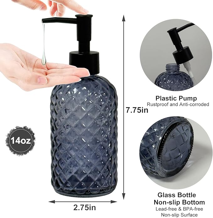 Glass Dish Soap Dispenser for Kitchen, 13.5oz Refillable Liquid Hand Soap Dispenser Set, Crystal Lotion Bottle for Modern Home Decor, Bathroom Countertop, Hotel(Blue Grey)