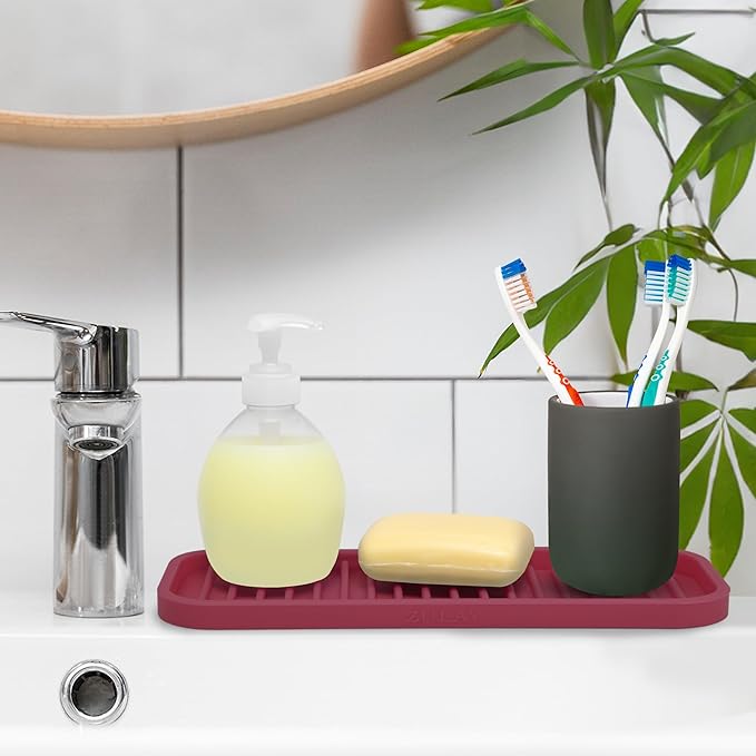 Zulay Kitchen (9x3.5) Silicone Sponge Holder for Kitchen Sink - Flexible Multipurpose Soap Tray - Sink Organizer for Kitchen, Bathroom, Makeup, Trinkets & More (Wine Red)